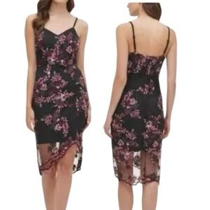 Guess Black Floral Lace Slip Dress with Pink Accents